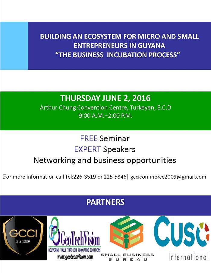 Seminar: The Business Incubation Process – Building an EcoSystem for Micro & Small Entrepreneurs in Guyana – June 2, 2016