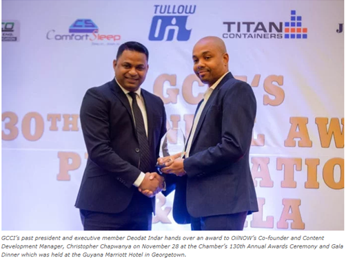 OilNOW awarded by business chamber in Guyana