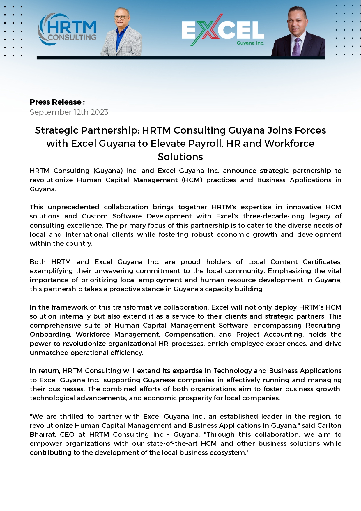 HRTM Consulting partners with Excel Guyana Inc