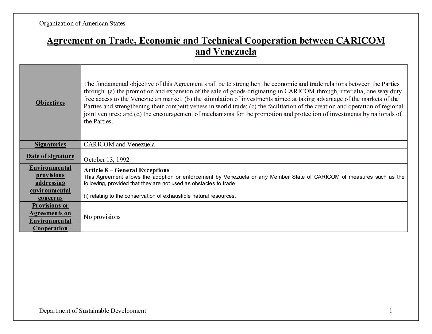 CHART Agreement on Trade,Economic and Technical Cooperation between CARICOM and Venezuela