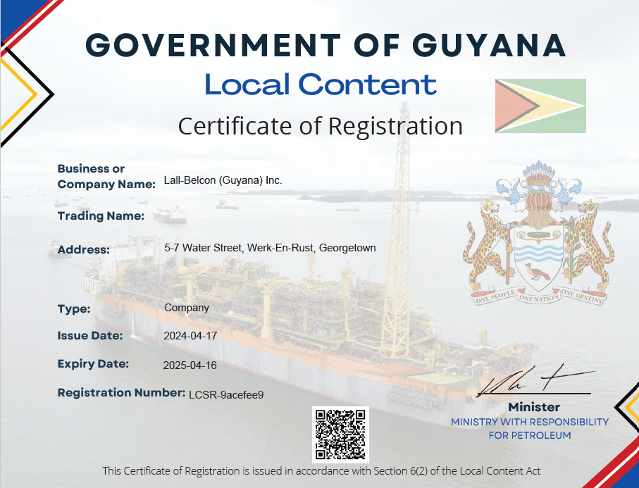 Lall-Belcon (Guyana) Inc attains Local Content Certification