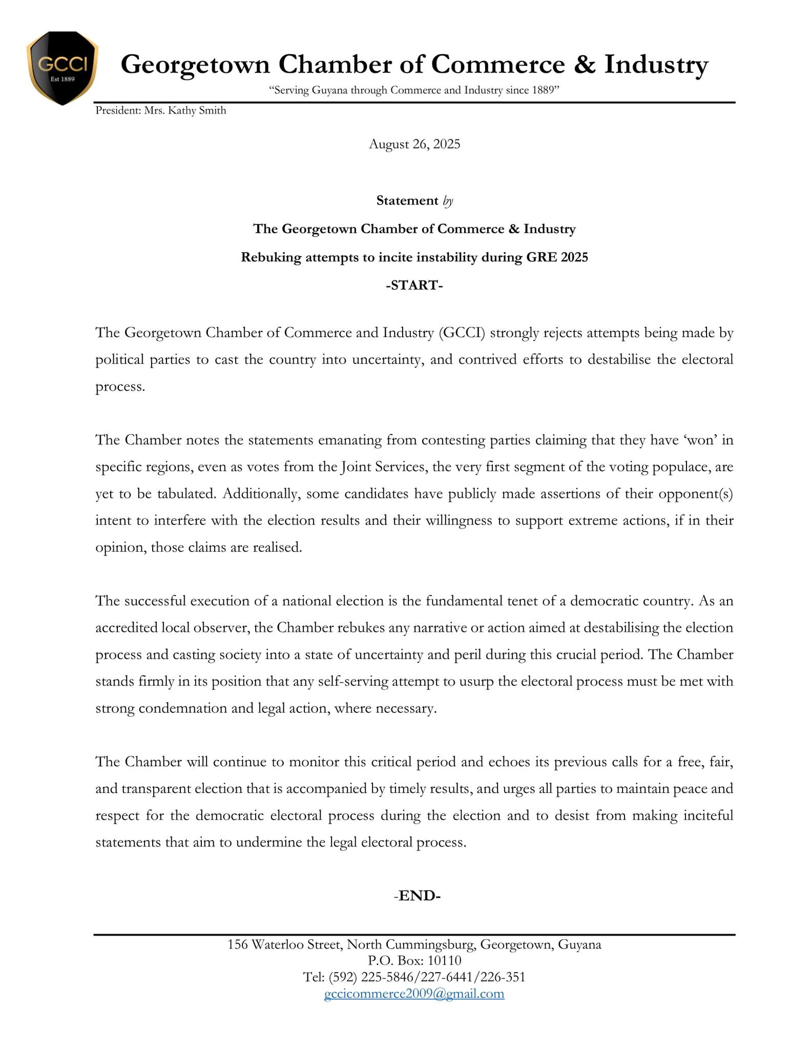 Statement by the GCCI rebuking attempts to incite instability during GRE 2025
