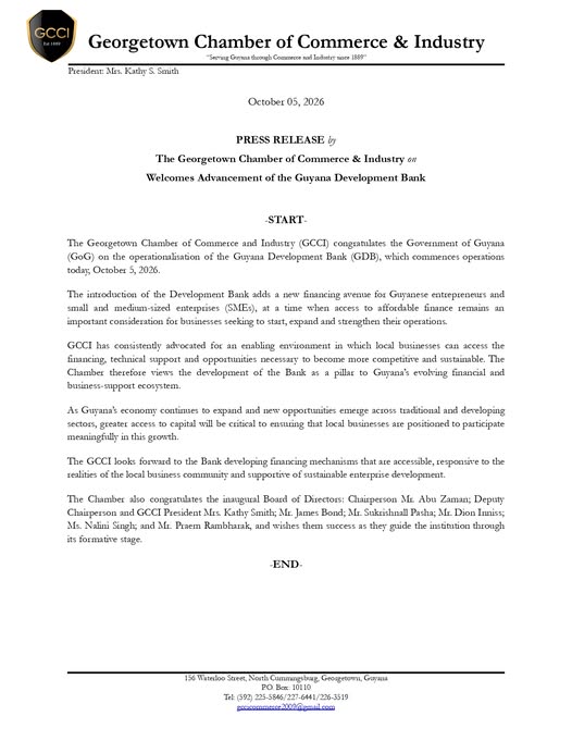The Georgetown Chamber of Commerce & Industry on Welcomes Advancement of the Guyana Development Bank